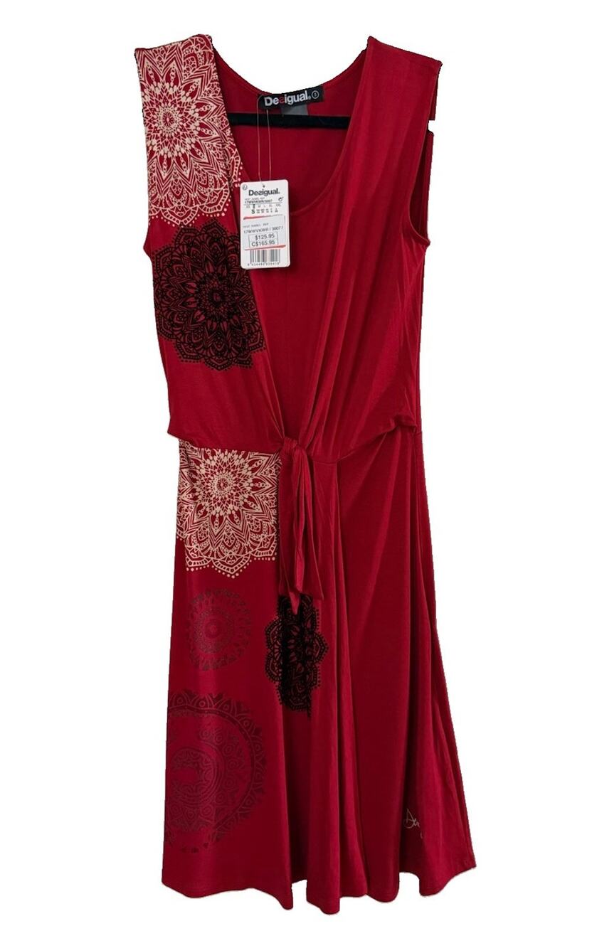 Desigual Women's Red Floral Sleeveless Dress Belted Colorful Flared Small NWT